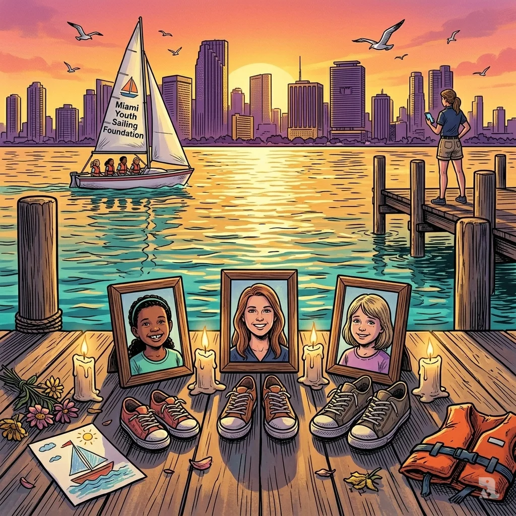  A sunset view of a dock with a memorial of shoes, candles, and photos of three girls. In the distance, a sailboat with young students practices on the water.