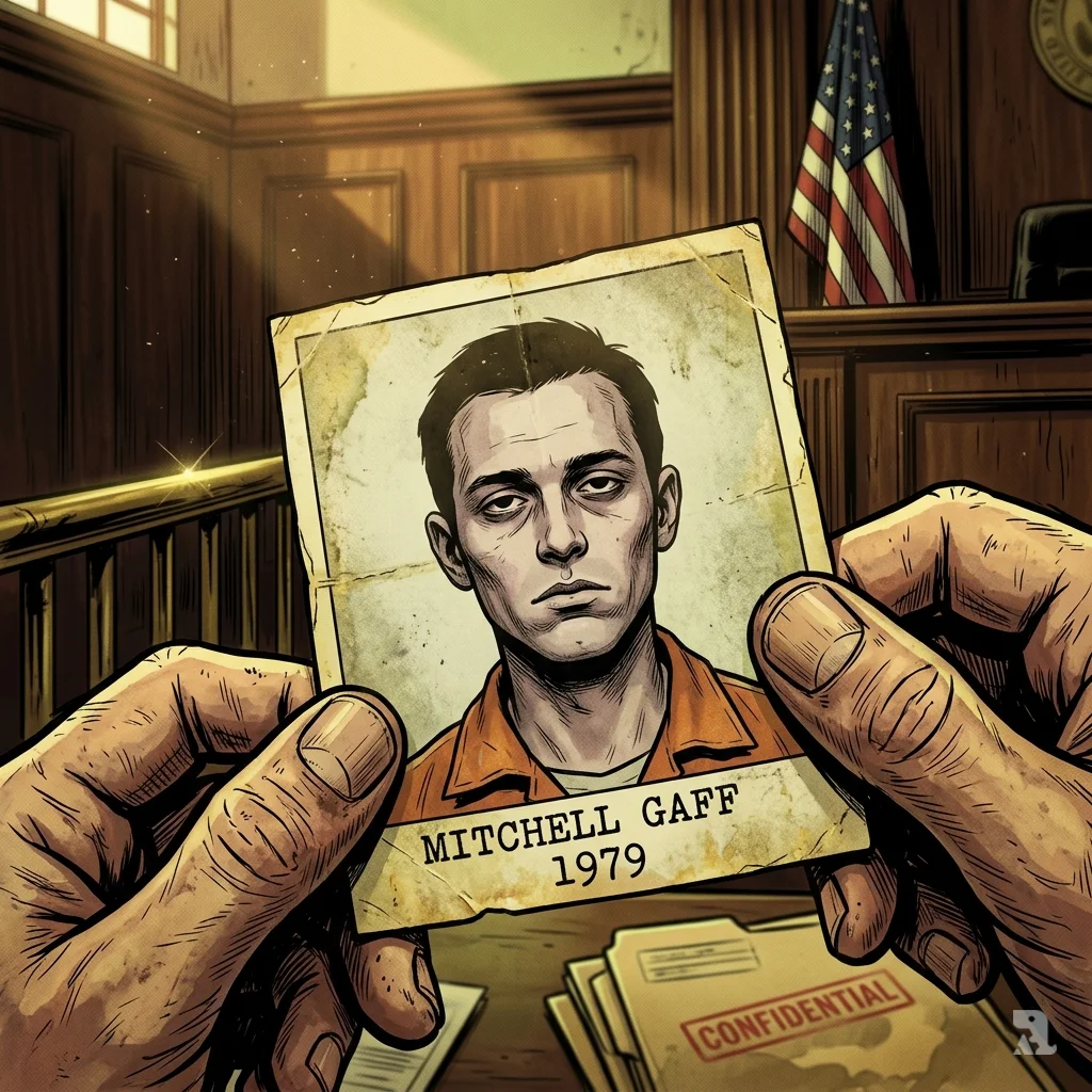 Weathered hands hold 1979 mugshot of Mitchell Gaff with vacant stare in Everett courtroom light.