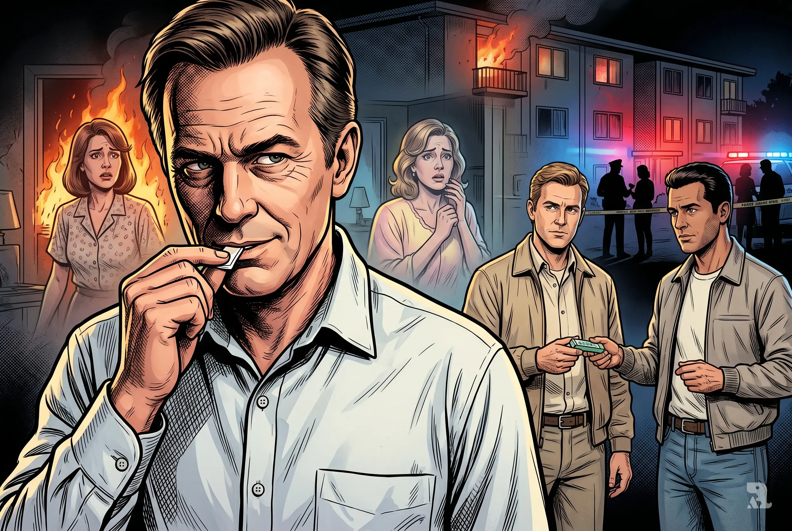 Mitchell Gaff chewing gum under undercover surveillance while ghosted victims and burning apartment scenes reveal decades-old murders finally solved through DNA evidence.