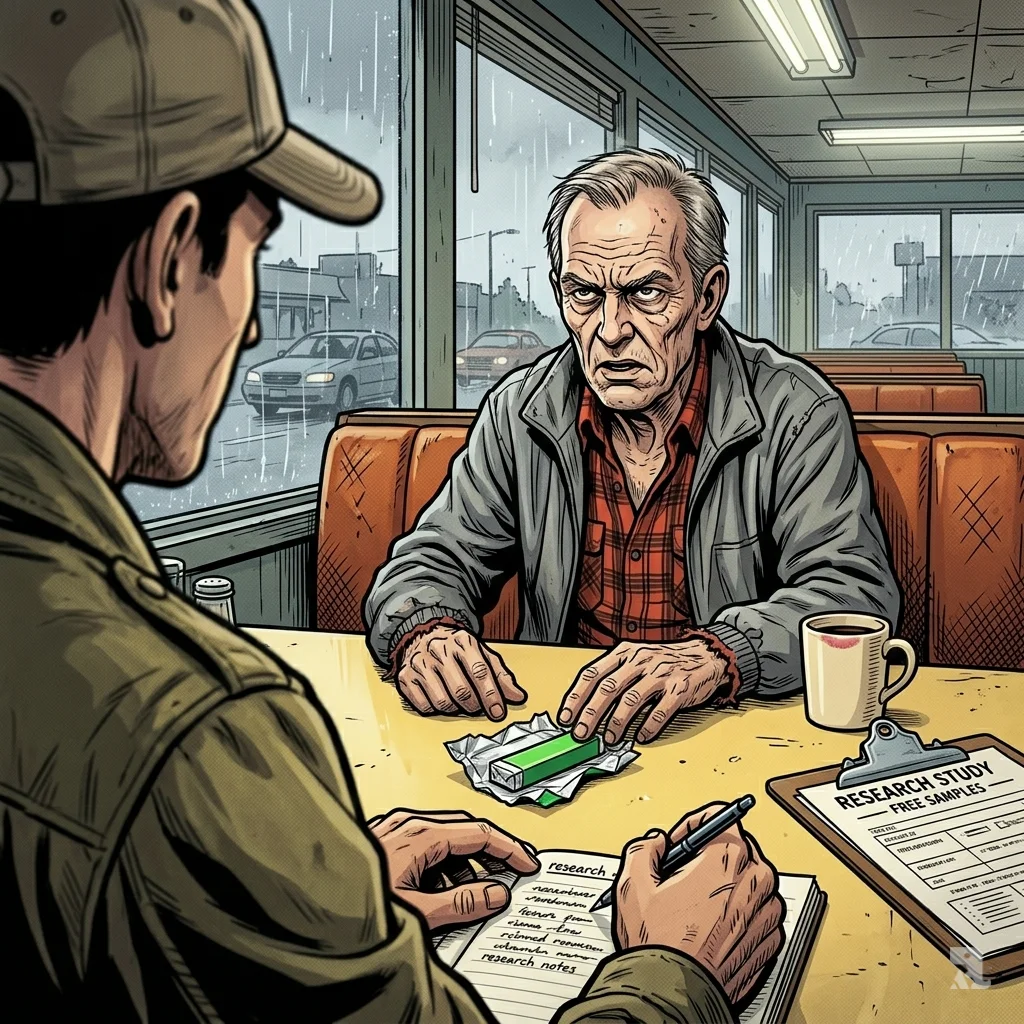 Undercover detective offers gum to elderly Mitchell Gaff during 2023 Everett diner sting operation.