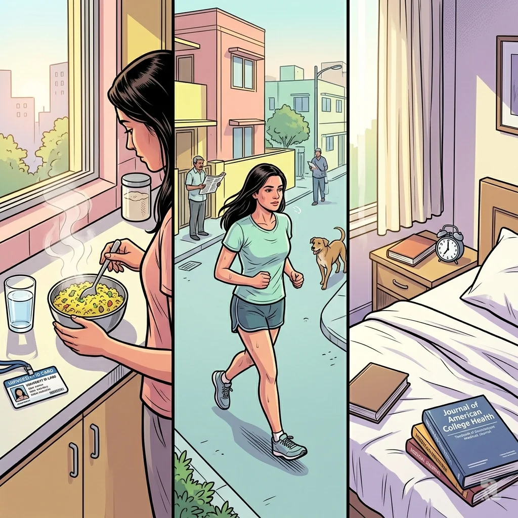 Three panels: preparing breakfast, jogging outside, and neatly made bed with book – morning routine for mental health.