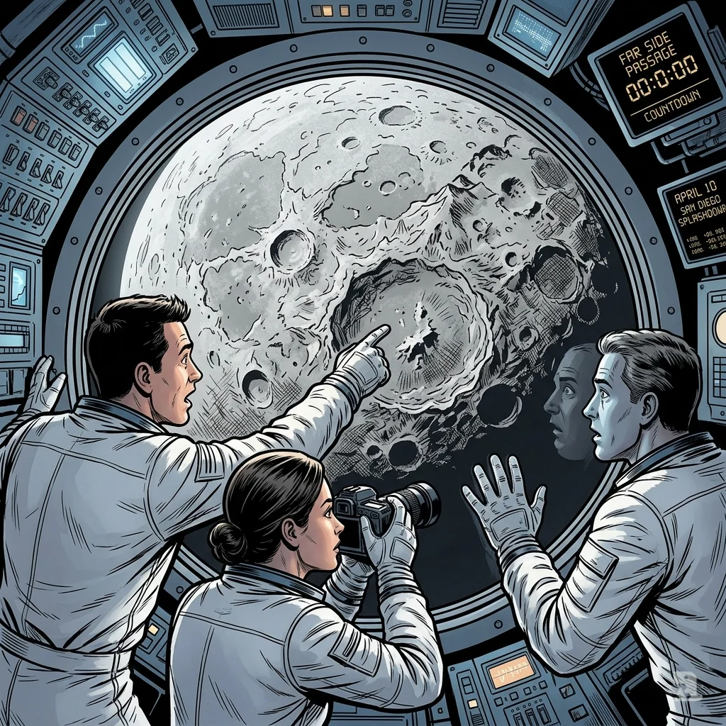 Three astronauts crowd viewport seeing moon’s far side for first time, one pointing, one taking photo.