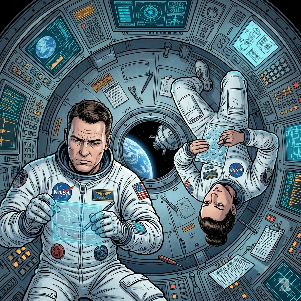 Two astronauts in white flight suits work inside Orion capsule, floating controls and Earth visible through window.