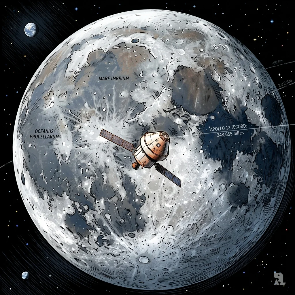 Orion capsule flies past moon’s cratered surface with Earth as distant blue dot, surpassing Apollo distance record.