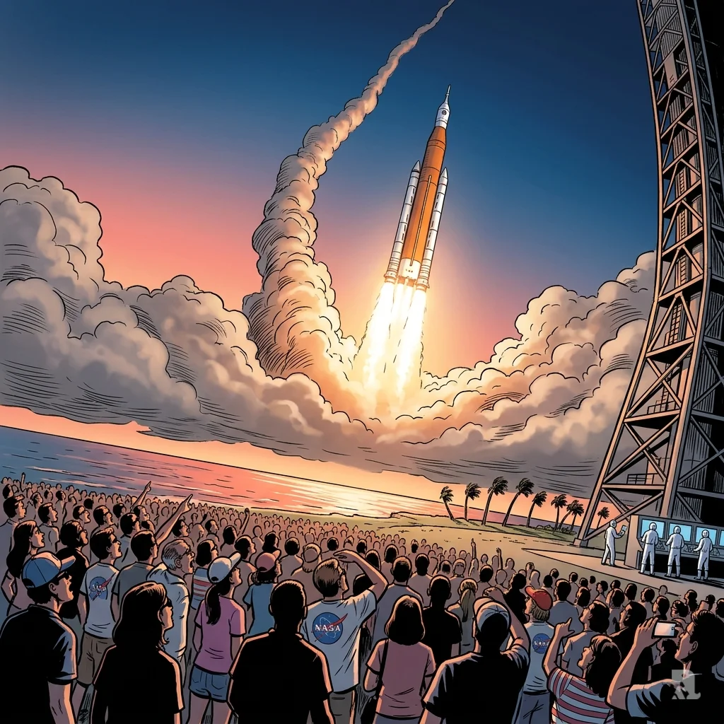 Artemis rocket lifts off from Cape Canaveral at dawn, crowds watching as orange exhaust lights up Florida coast.