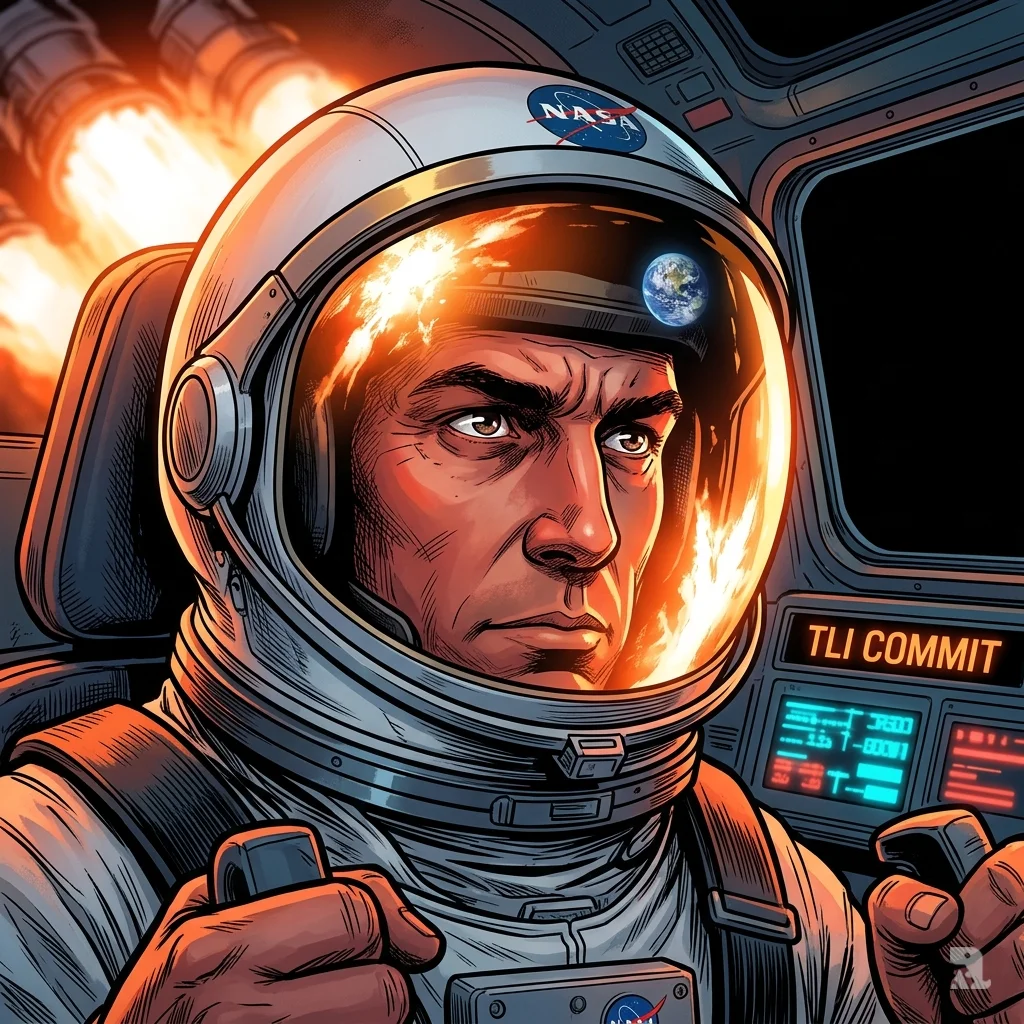 Astronaut helmet visor reflects fiery engine ignition as Earth recedes, TLI commit text glows on panel.