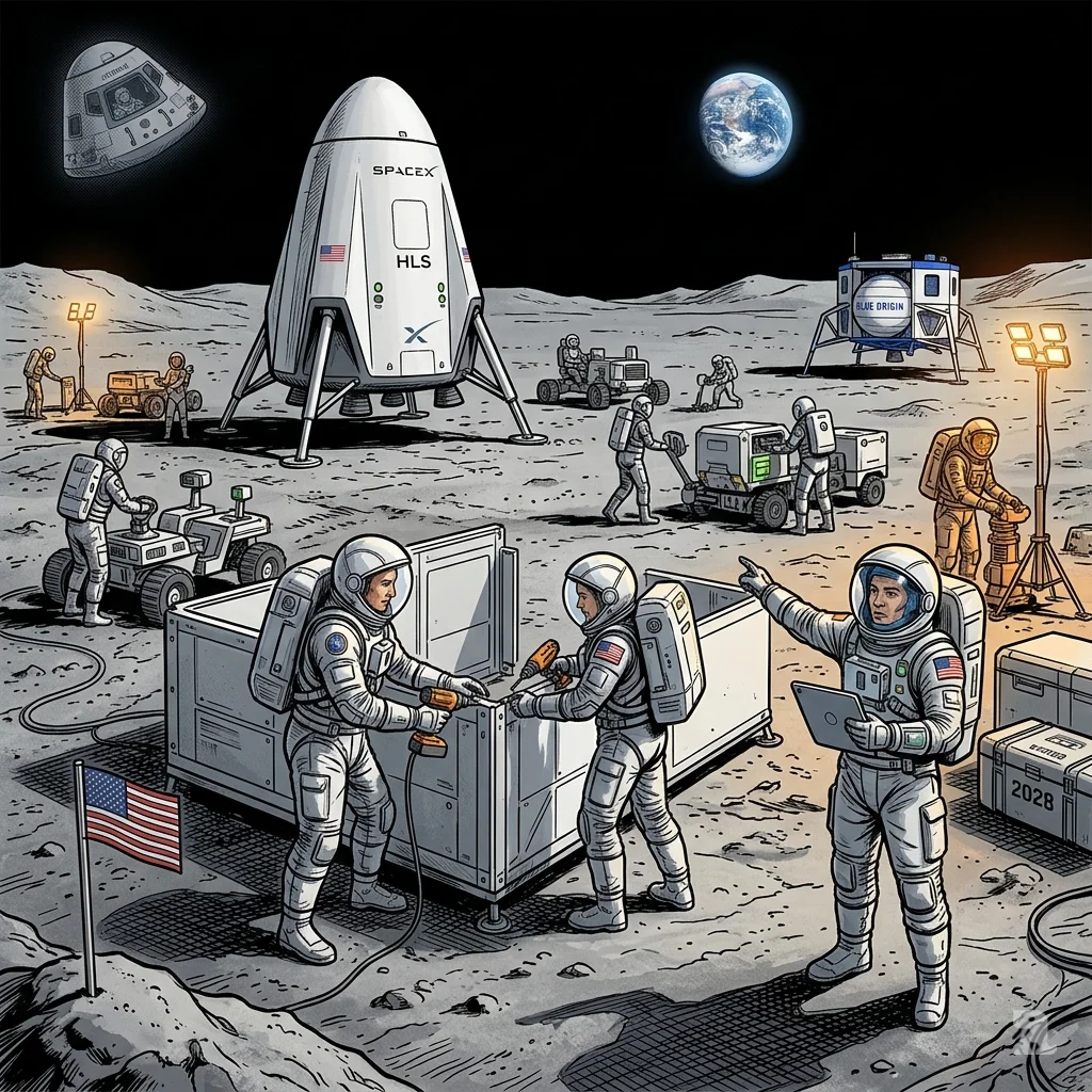 Future lunar base with landers, astronauts assembling habitat, Earth crescent hanging over moon surface.