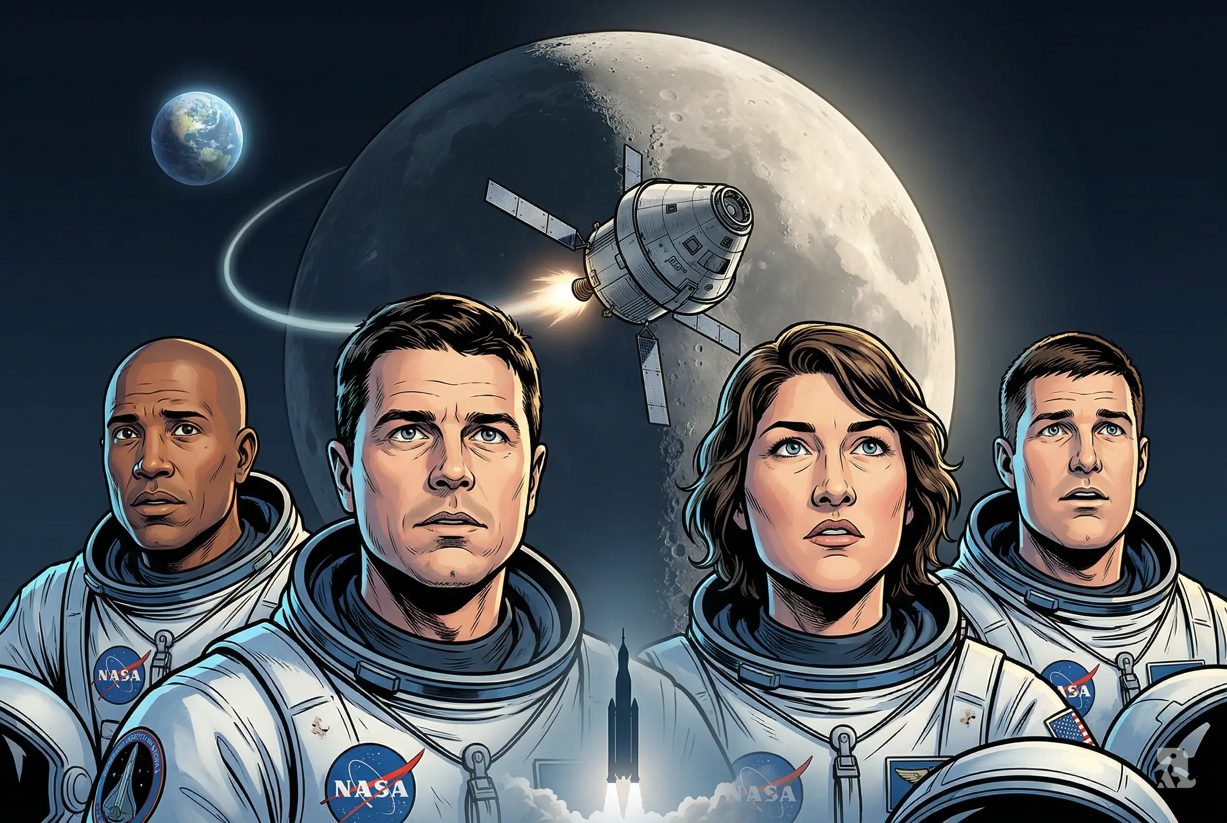 Four Artemis II astronauts in close-up with tense expressions, Orion spacecraft heading toward the Moon, distant Earth visible, emphasizing danger and irreversible lunar mission journey.
