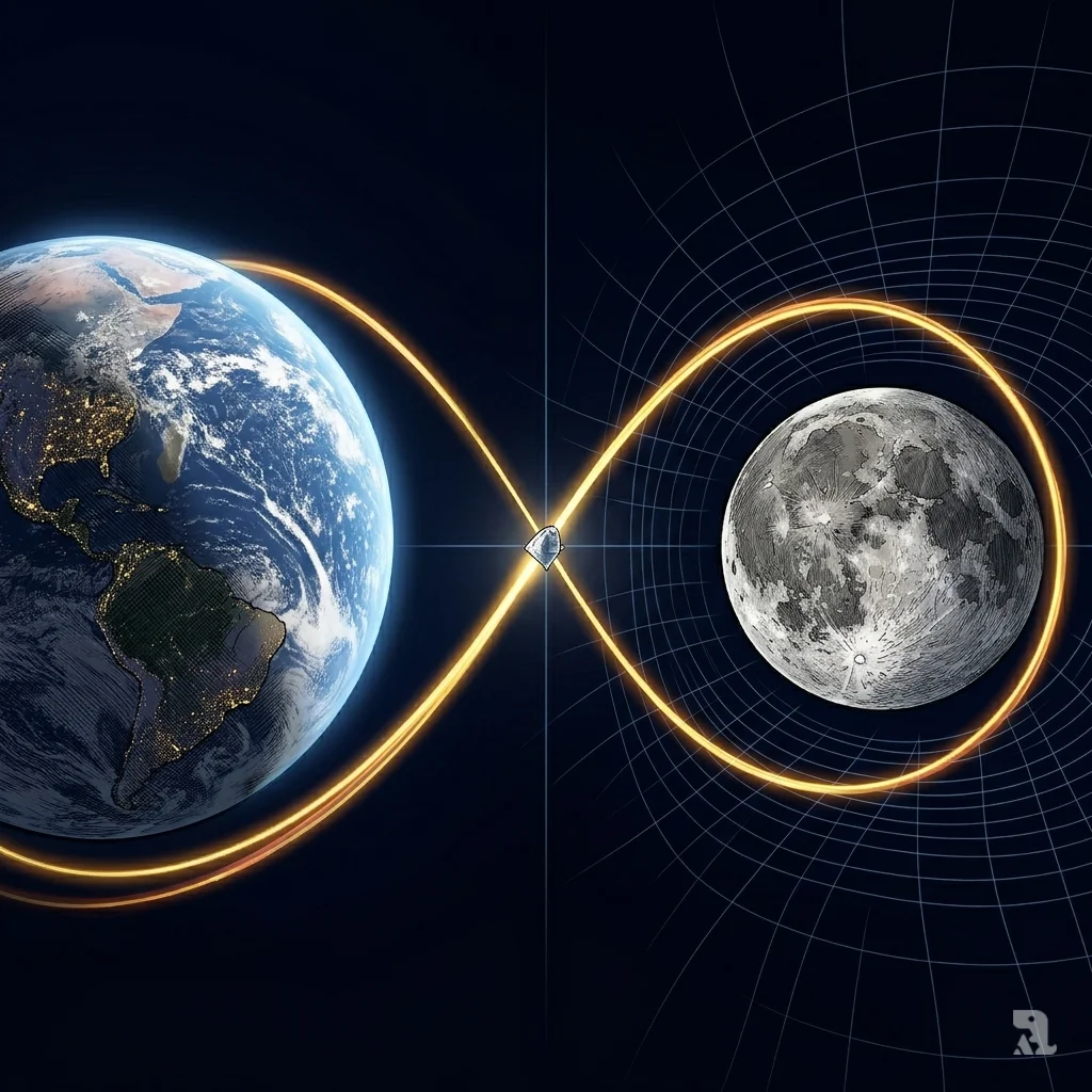 Golden trajectory line shows Orion's free-return path looping around moon and back to Earth.