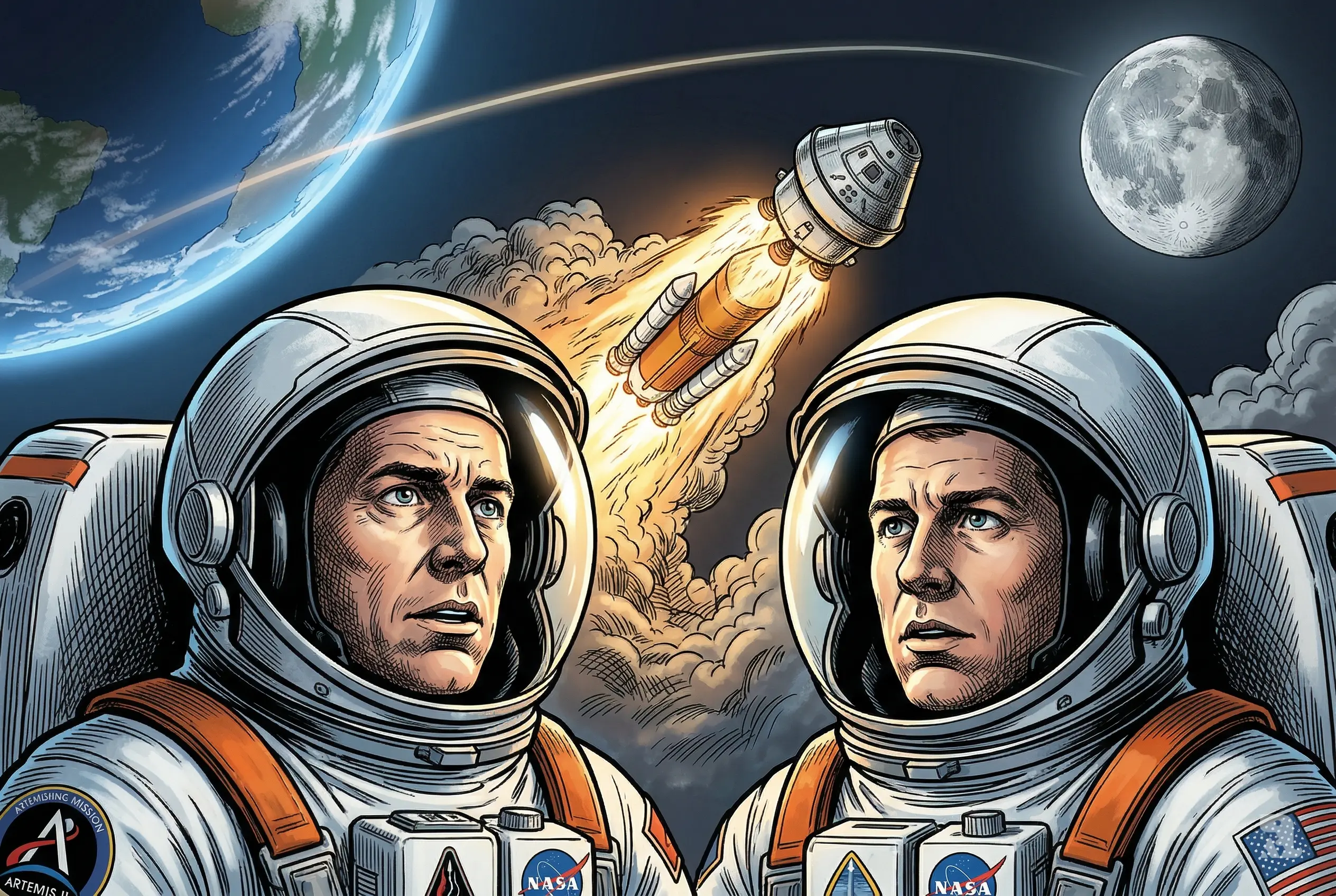 Artemis II astronauts in suits foreground with Orion spacecraft blazing toward the Moon, Earth in background, capturing historic deep space mission beyond orbit.