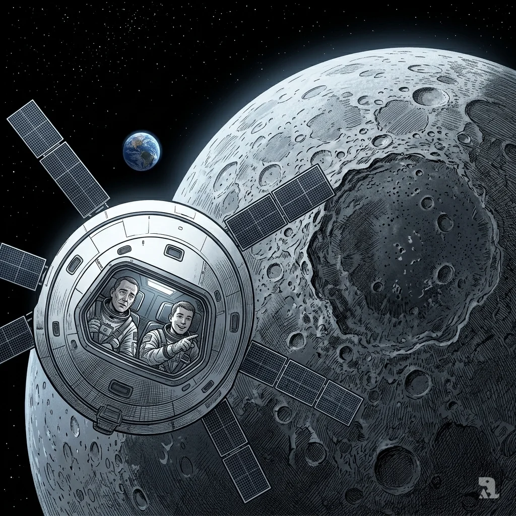 Orion approaches moon's far side, revealing ancient craters and mountain ranges in grey desolation.