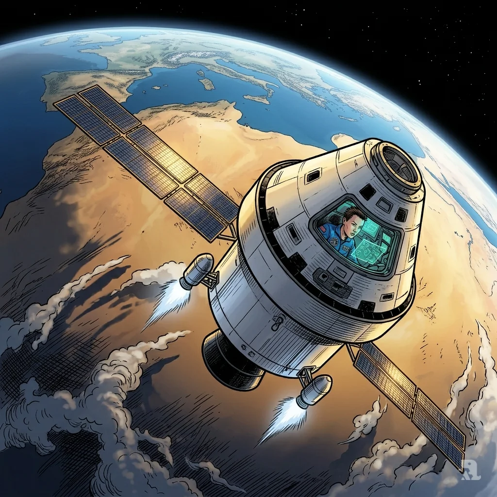 Orion spacecraft in low Earth orbit, solar arrays extended, Earth's curved horizon and Sahara below.