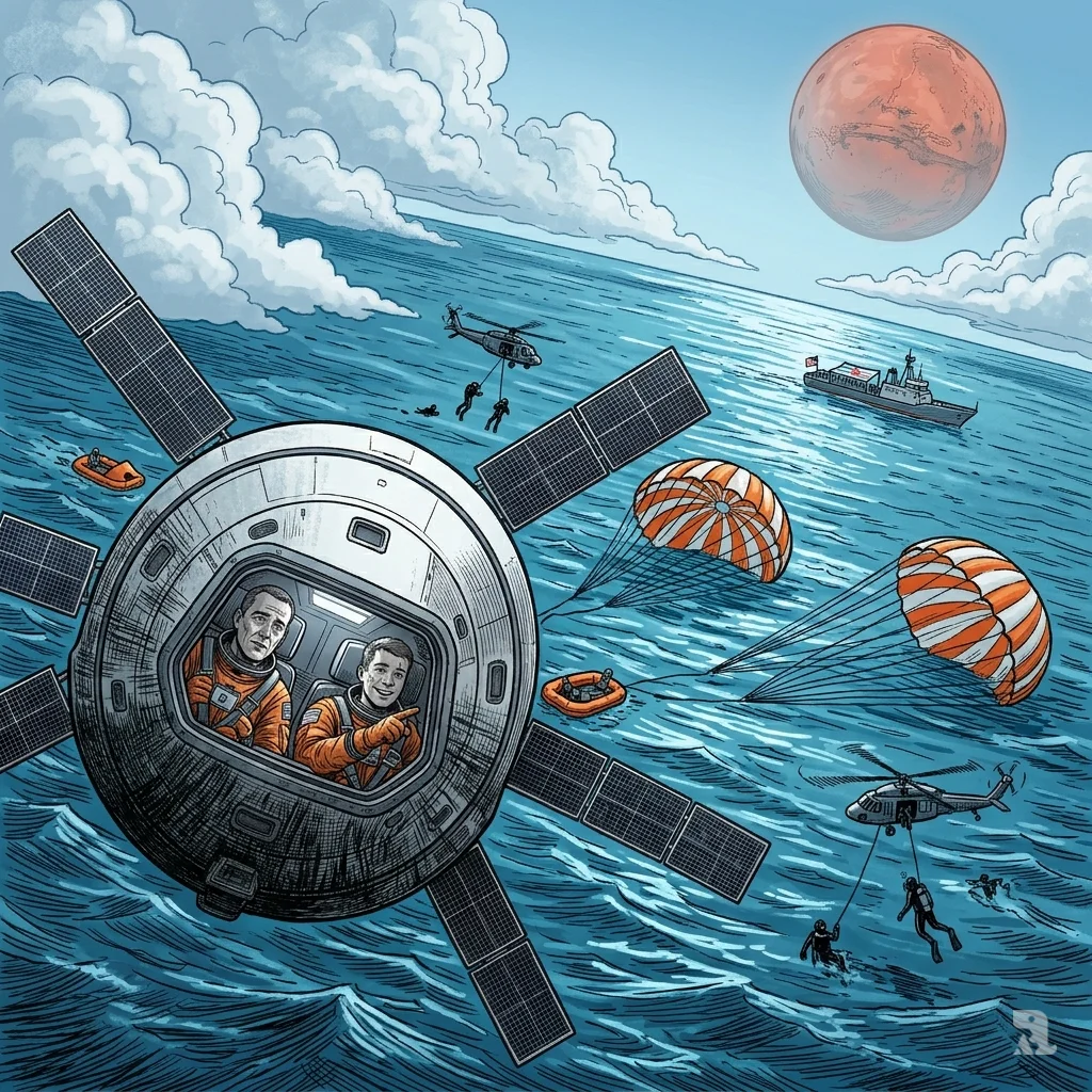 Orion capsule floats in Pacific Ocean after splashdown, recovery teams approaching, Mars implied above.