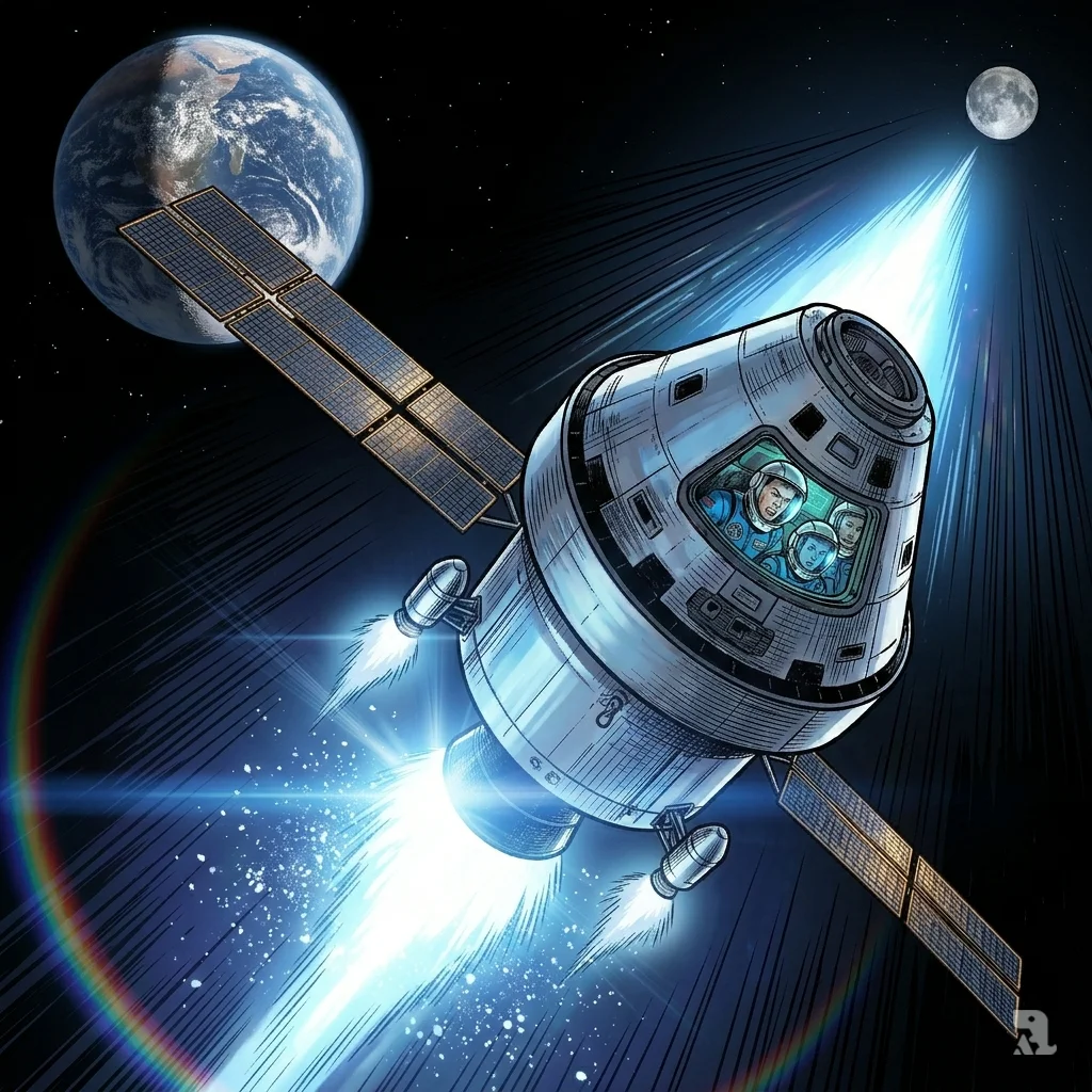 Orion's main engine fires blue-white plasma, propelling spacecraft toward the moon, Earth receding.