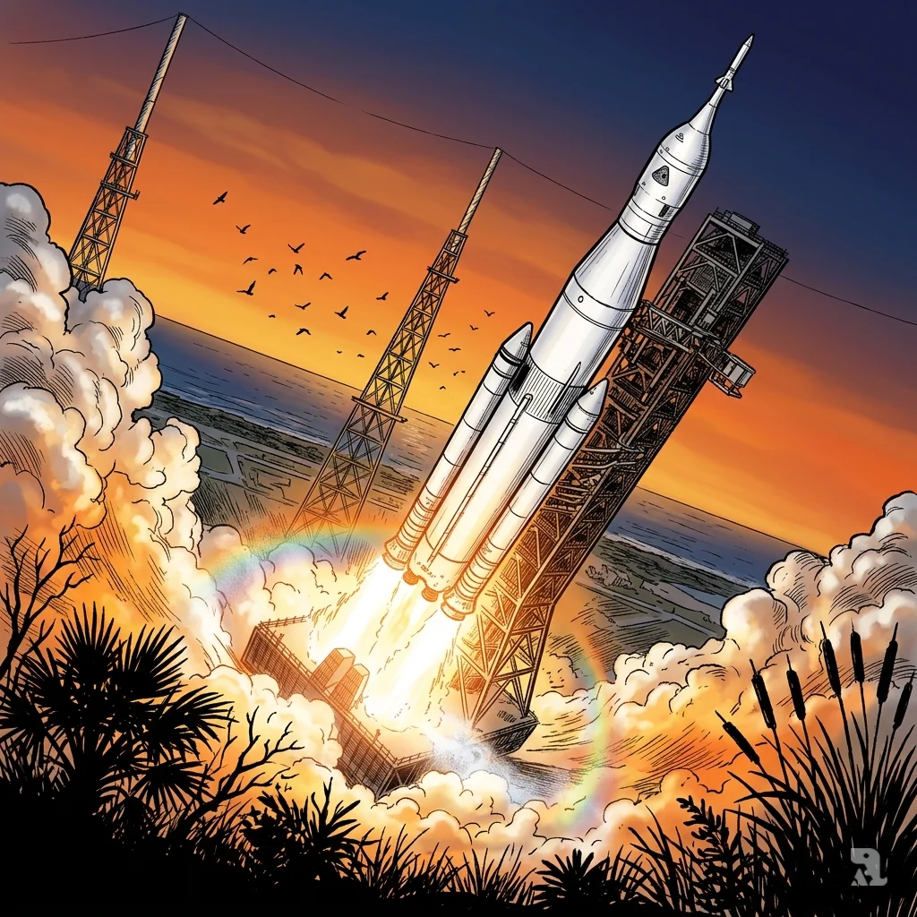 NASA's Space Launch System rocket lifts off from Kennedy Space Center, flames and smoke billowing at sunset.