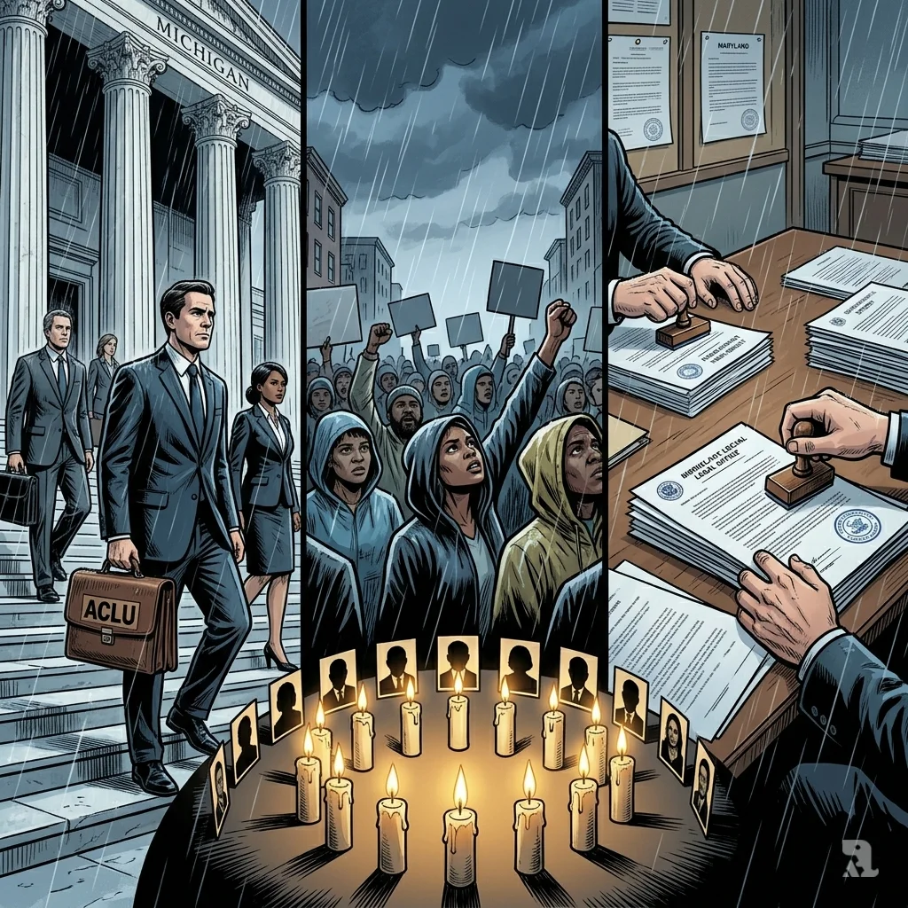 Split image of Michigan lawyers, New Jersey protesters, Maryland officials, and 13 burning candles with immigrant silhouettes in rain.