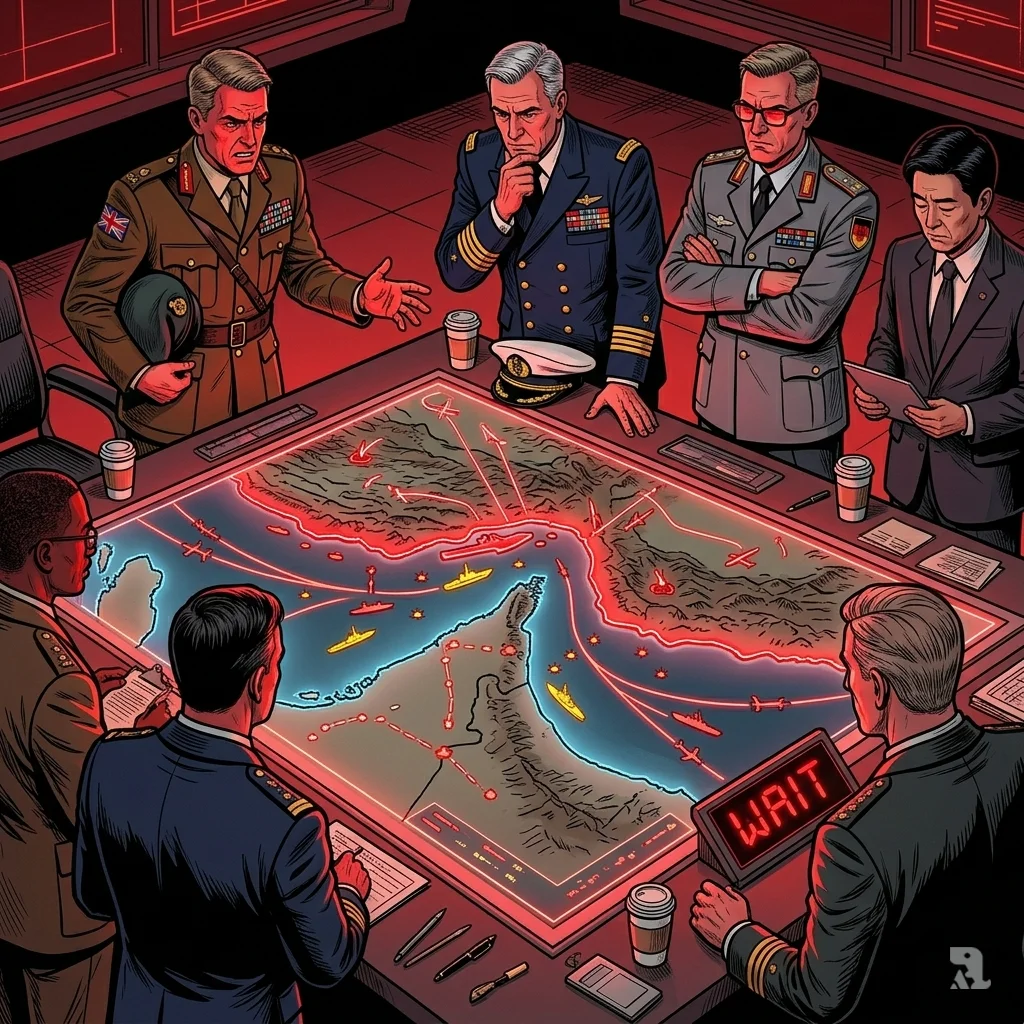 Military officers from UK, France, Germany, Japan lean over illuminated war table of Hormuz threats.