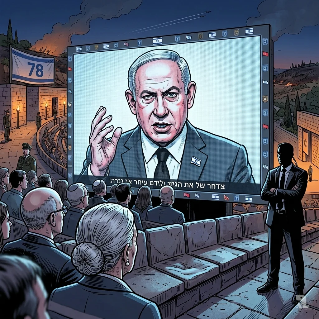 Netanyahu's face dominates a large LED screen at Mount Herzl ceremony as a silent audience watches from the rows below.