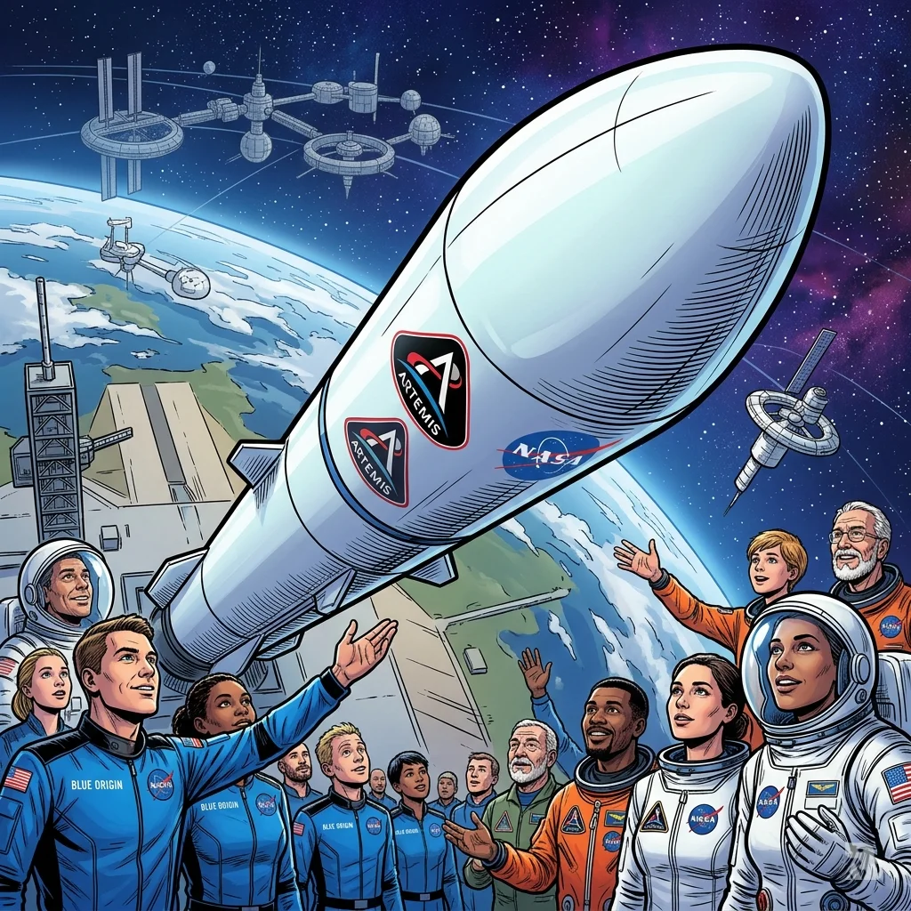 New Glenn rocket with seven-meter payload fairing, foreground engineers envision a multi-generational space future.
