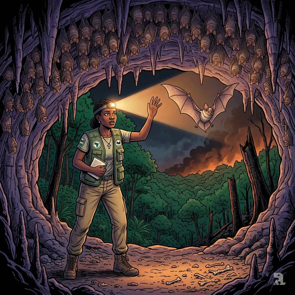 Nigerian scientist Iroro Tanshi illuminates critically endangered short-tailed roundleaf bats in threatened Afi Mountain cave.