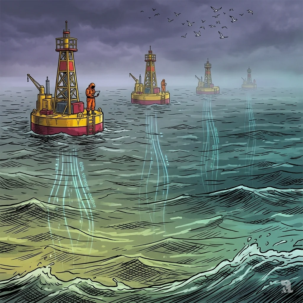 Four ocean monitoring buoys recede into North Atlantic mist as a technician reads alarming sensor data.