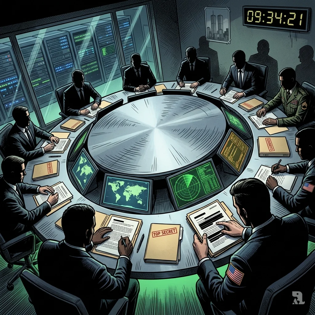 Intelligence officials gather around a classified circular table in the NSA Situation Room with monitors glowing.