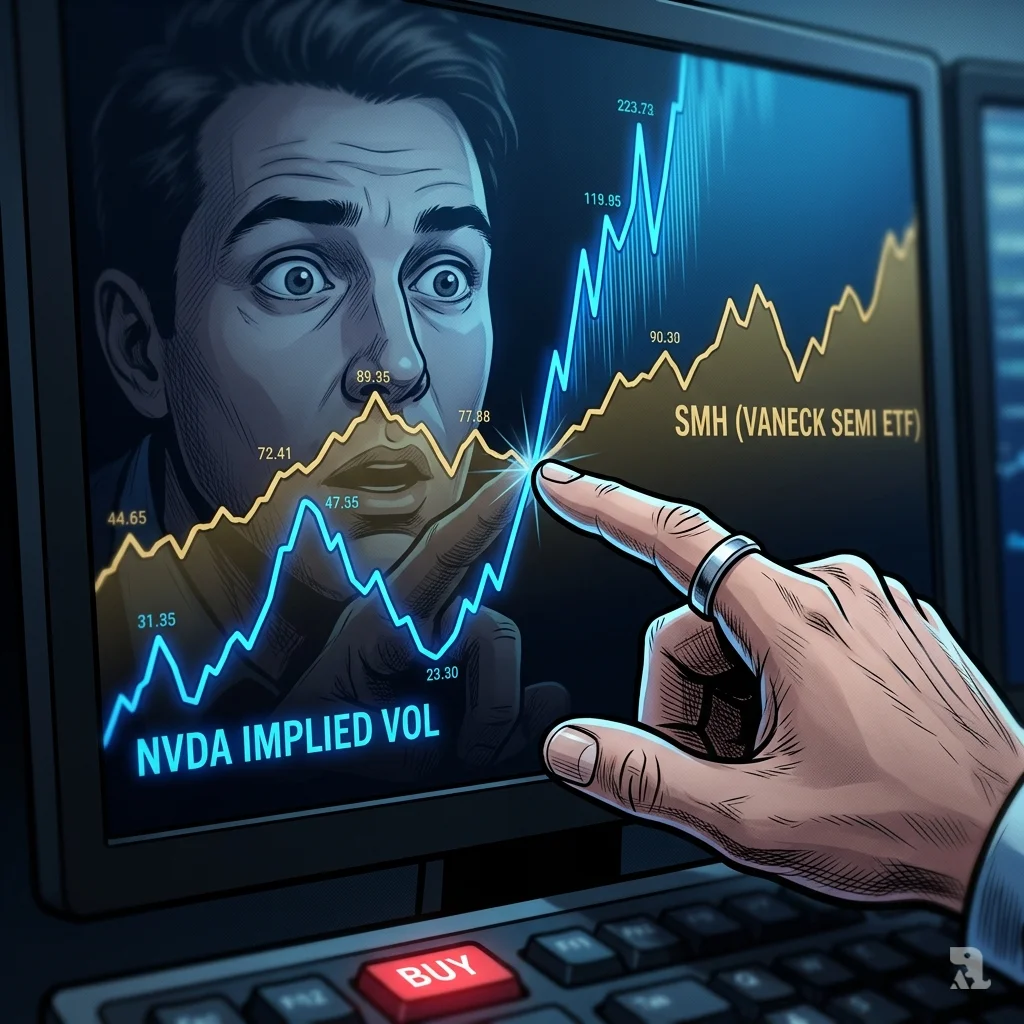 Close-up of a screen showing NVDA implied volatility spiking above the SMH ETF line, a trader’s finger tracing the crossover.