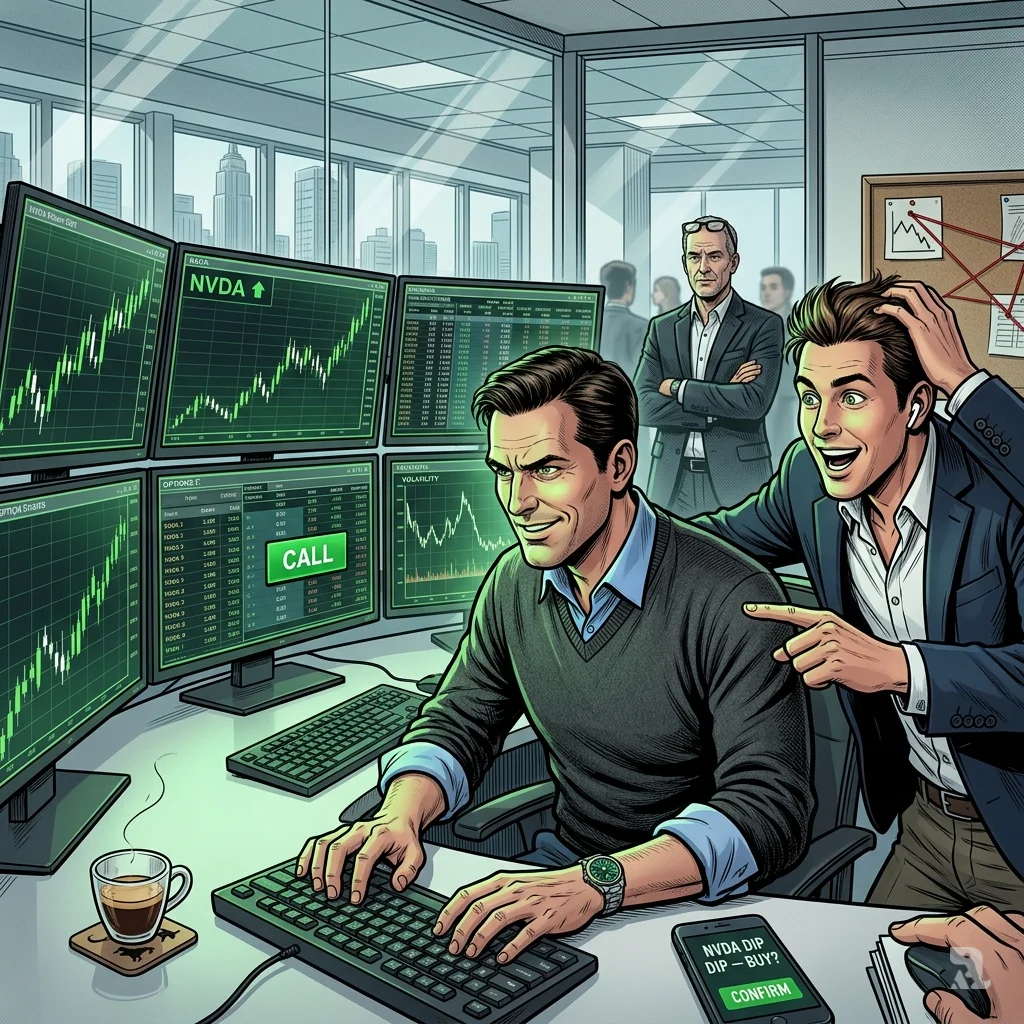 Hedge fund traders watch green NVDA charts on multiple monitors, faces lit with calculated hunger near a bullish call button.