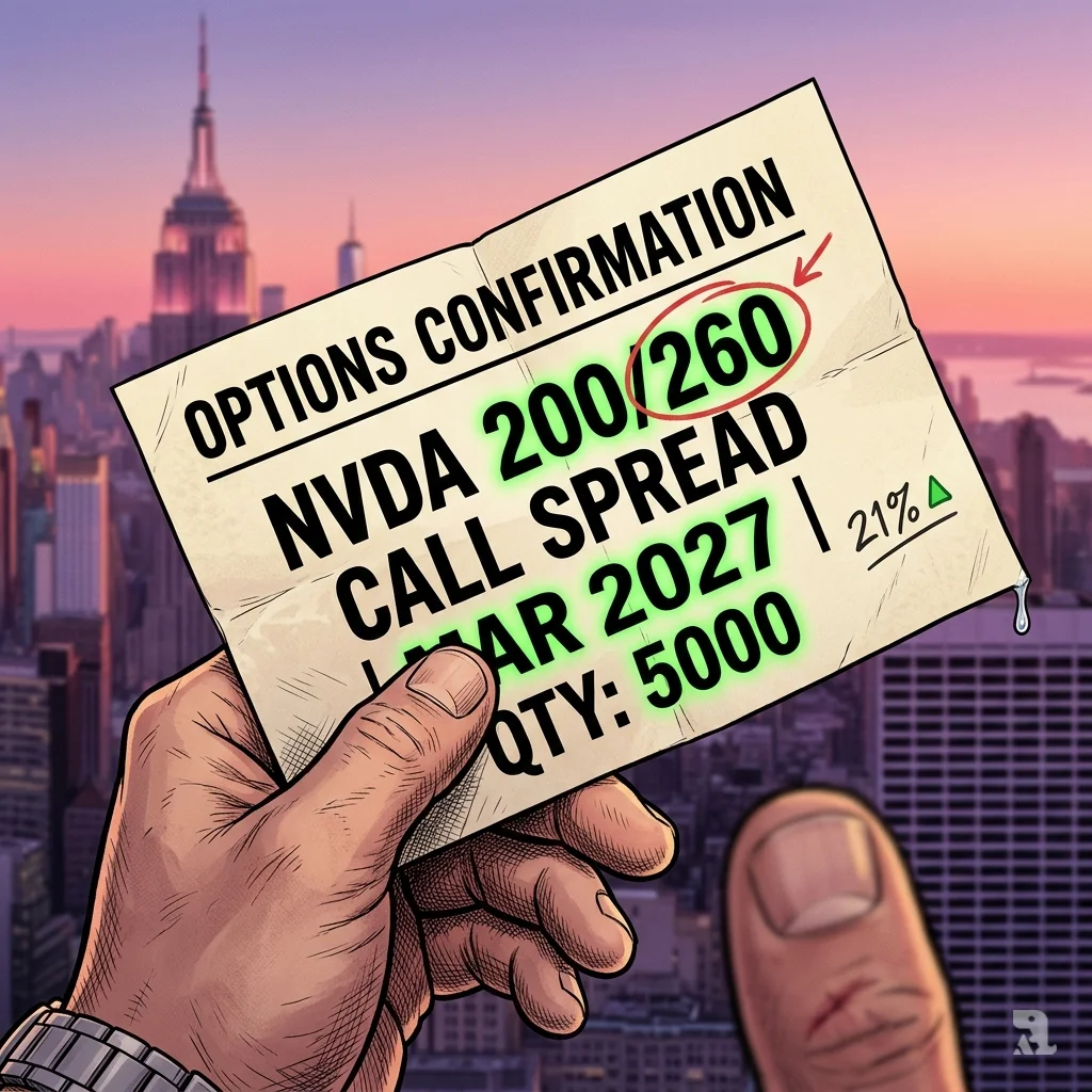 A paper confirmation ticket for an NVDA 200/260 call spread expiring March 2027, held by a trader’s weathered, scarred hand.
