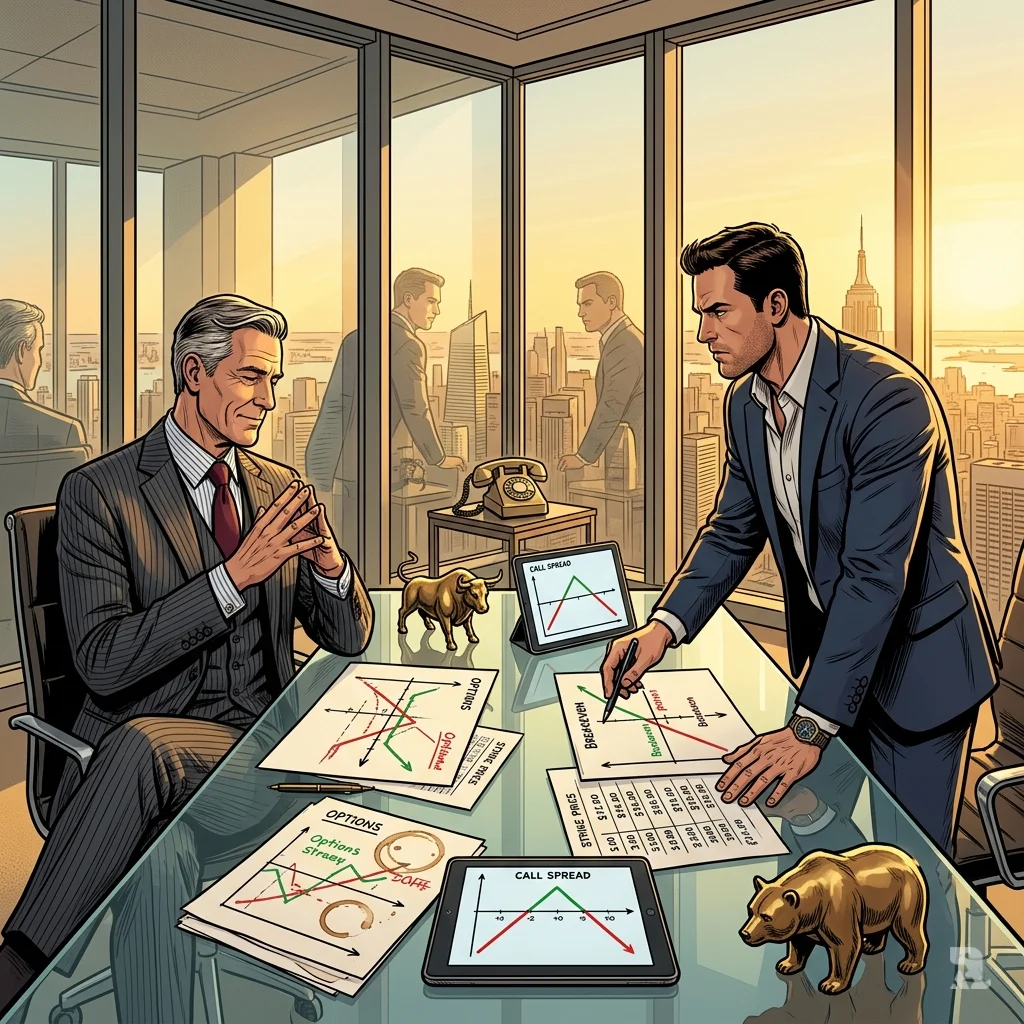 Two strategists examine a call spread diagram on a glass table, bathed in late-afternoon Manhattan light, representing disciplined risk.