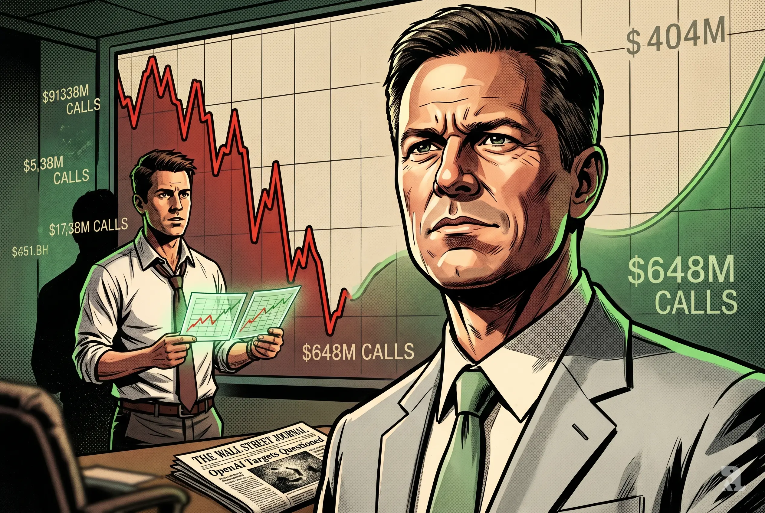 Nvidia executive under dramatic lighting with falling stock chart behind, while trader in background places bullish options bets signaling market comeback expectations.