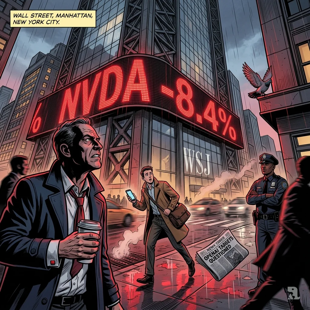 Wall Street traders freeze beneath a towering red LED ticker displaying NVDA -8.4% on a rainy dawn morning.