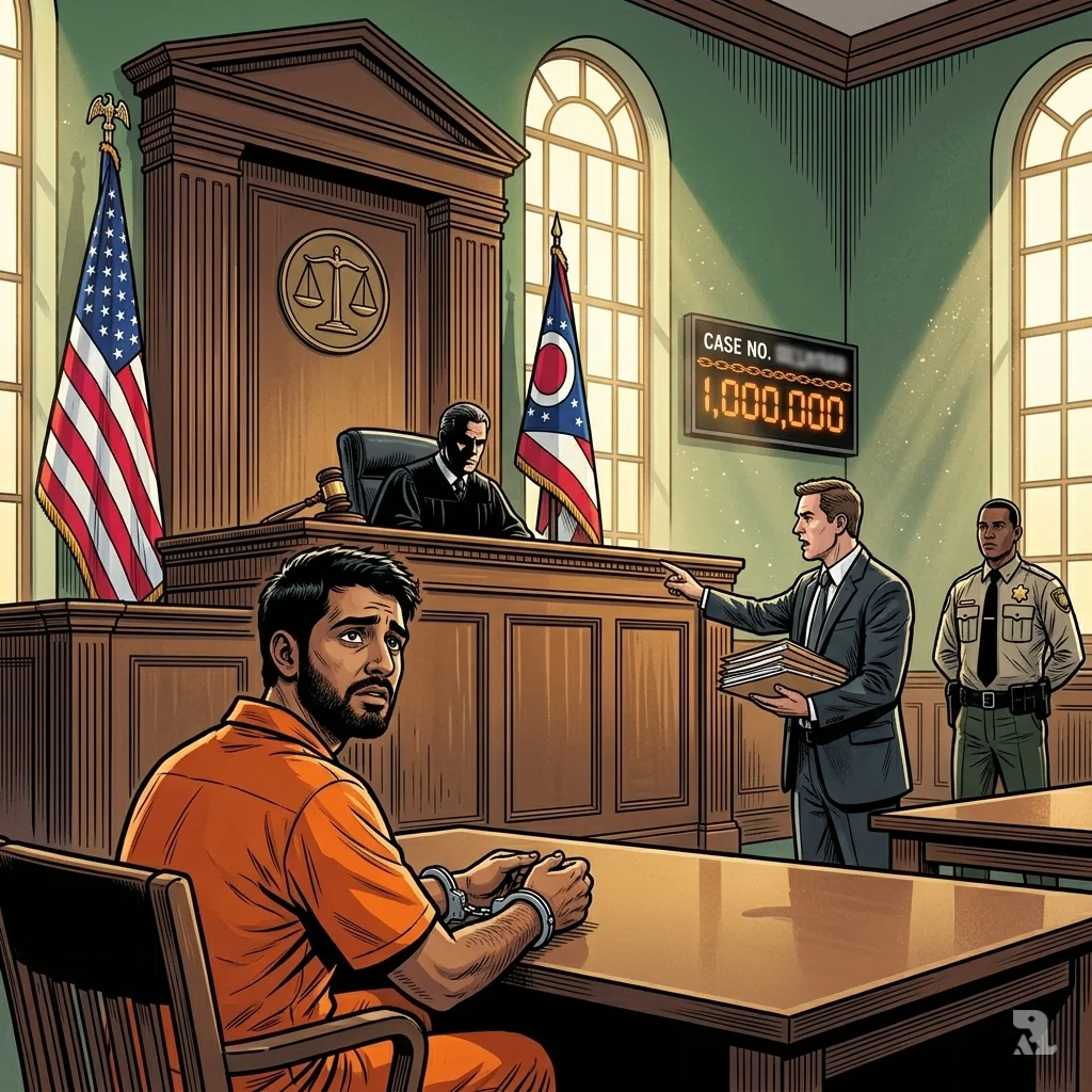 Tarsem Singh in orange jumpsuit at Darke County courtroom with judge and prosecutor, $1 million bond.