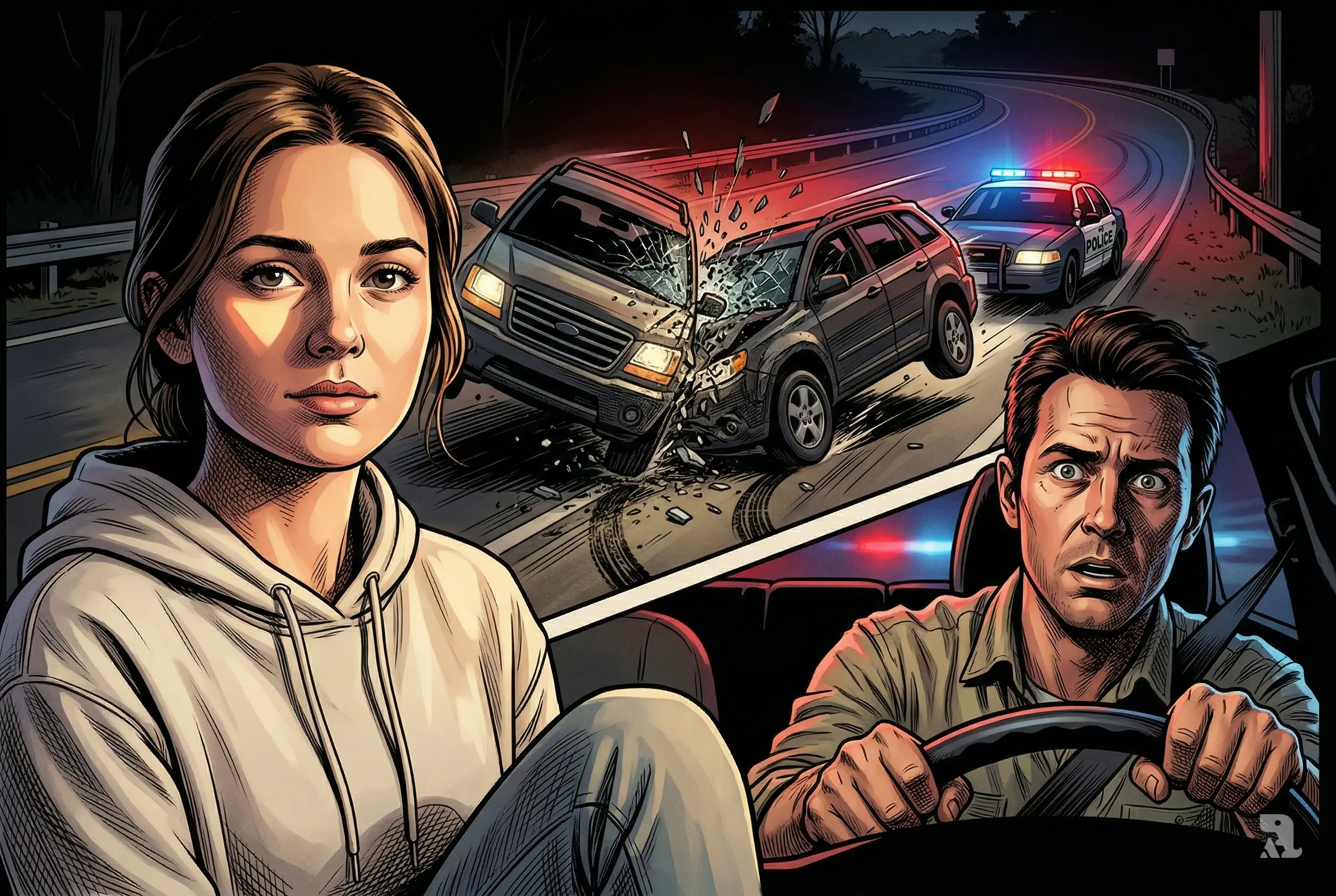 Cinematic illustration of Ohio crash showing teenage girl and reckless driver foreground, high-speed collision midground, police chase lights, conveying tragedy and urgency of fatal pursuit incident.