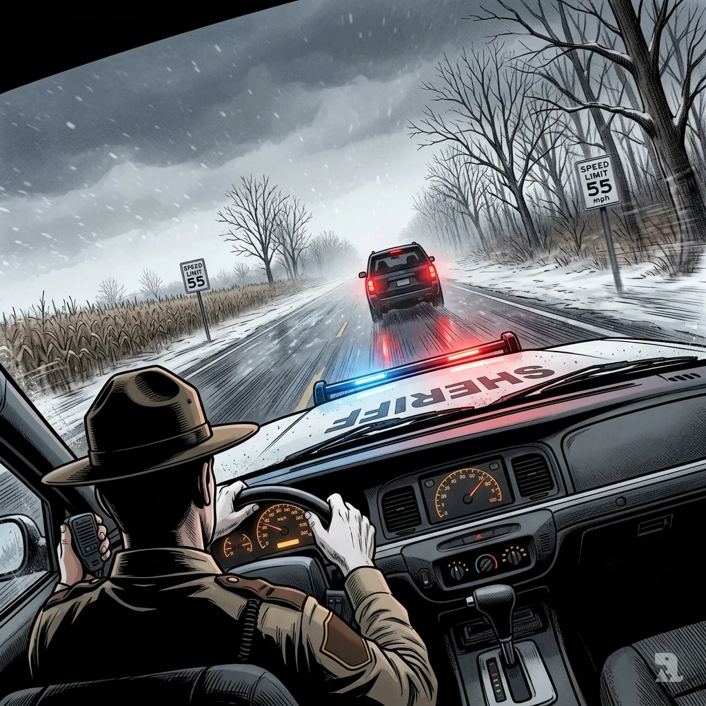Ohio deputy in cruiser pursues dark SUV on snowy rural highway, dashboard speedometer climbing.