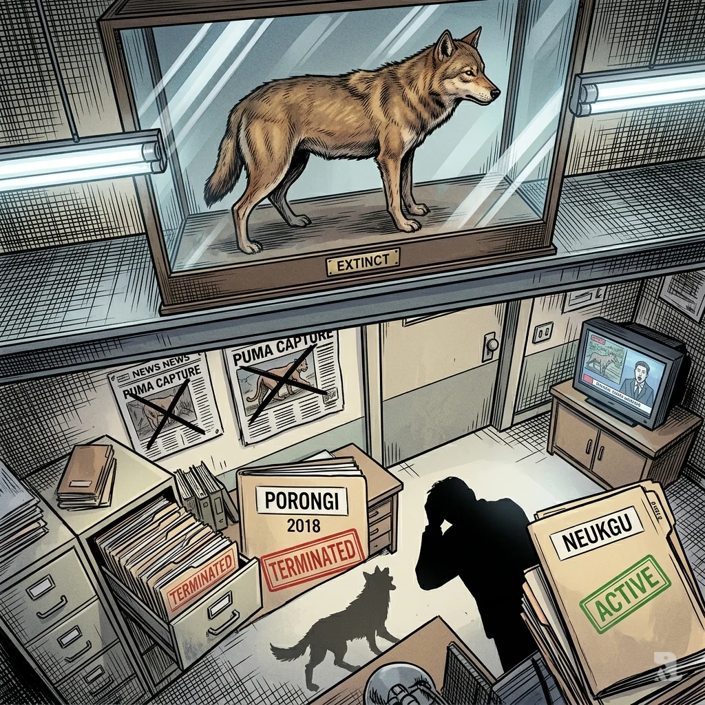 Taxidermied wolf in museum case above zoo office desk with terminated Porongi 2018 file.