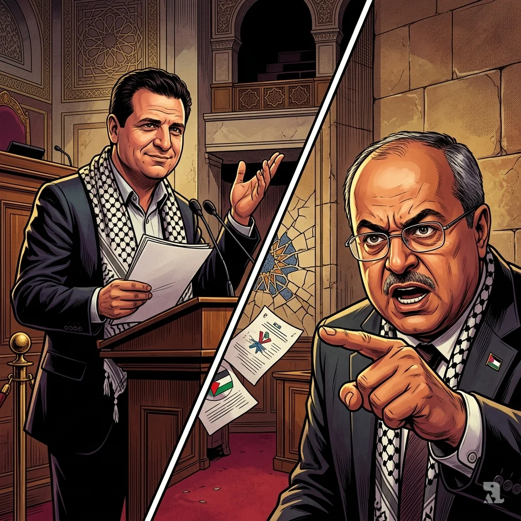 Palestinian lawmakers Ayman Odeh and Ahmad Tibi in split-screen, one with raised ironic eyebrow, the other pointing accusingly.