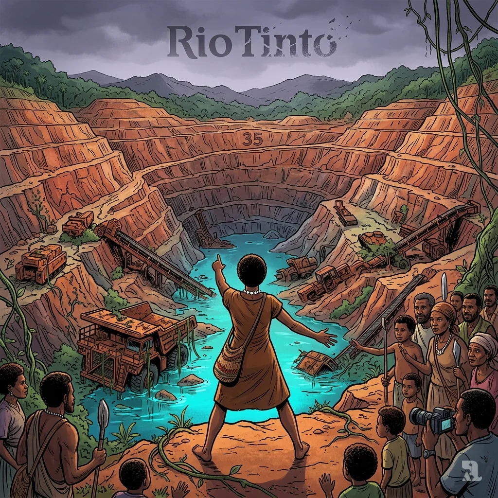 Papua New Guinea activist Theonila Roka Matbob stands over the vast toxic pit of the Panguna copper mine.