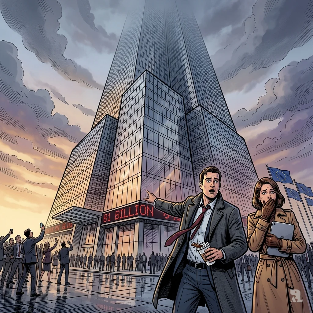 Dawn over Paramount headquarters in Manhattan, digital ticker shows “81 BILLION” as stunned businesspeople look up at the tower.