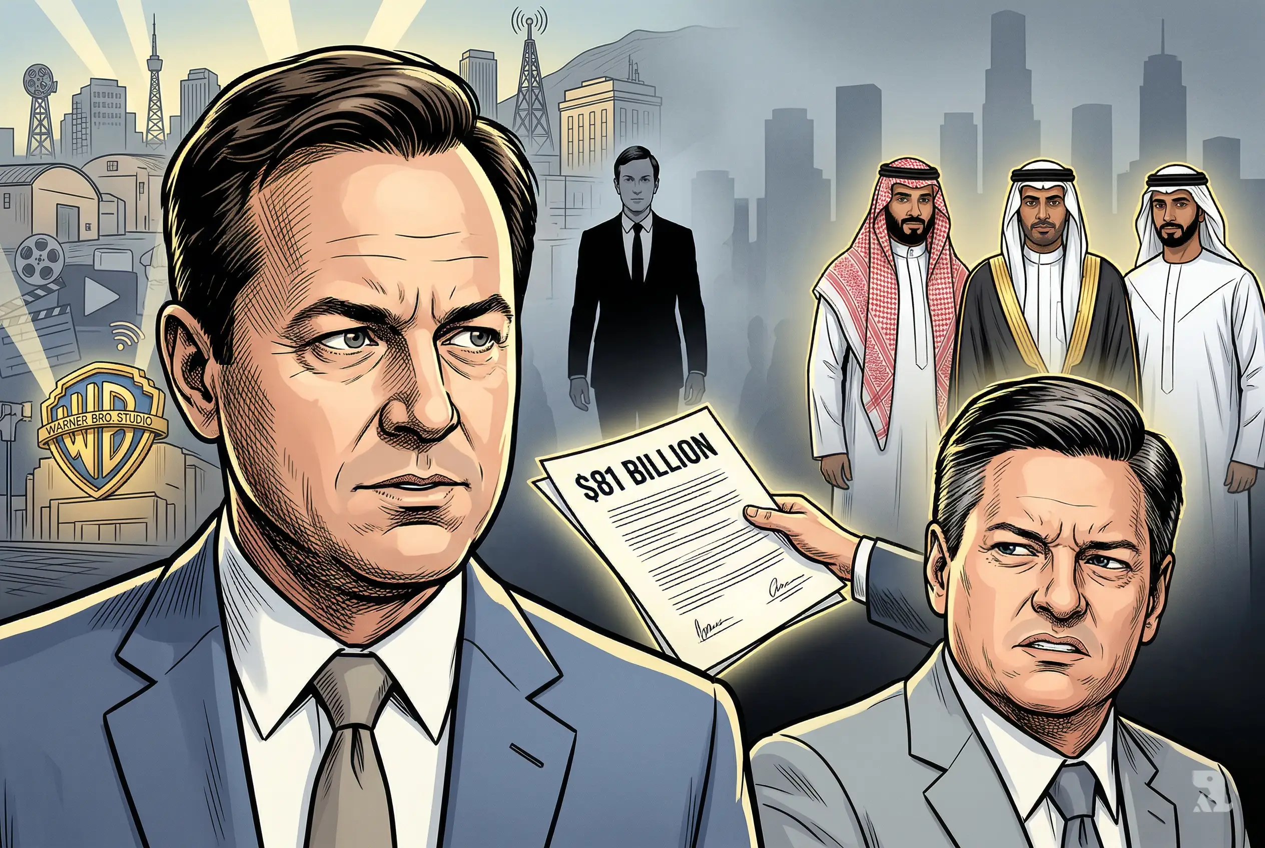 Paramount and Netflix executives face off over massive media merger deal, as Gulf investors loom in background, symbolizing hidden financial power reshaping Hollywood’s future.