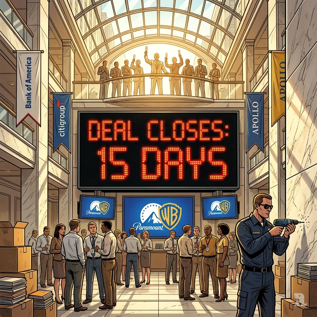 Paramount lobby with countdown clock showing 15 days until deal closes, executives toasting on balcony, merged logo unveiled.