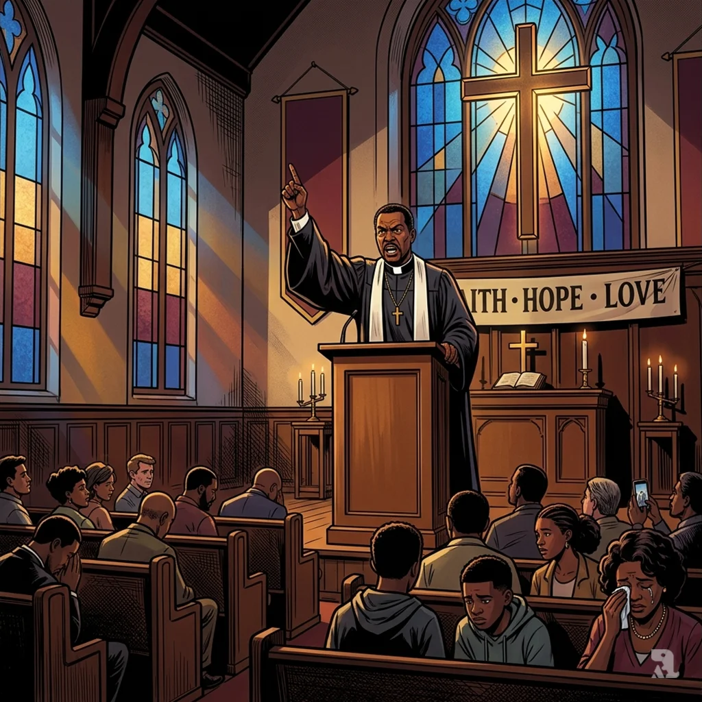 Pastor preaches passionately in church, condemning violence and bystander apathy before mixed congregation.