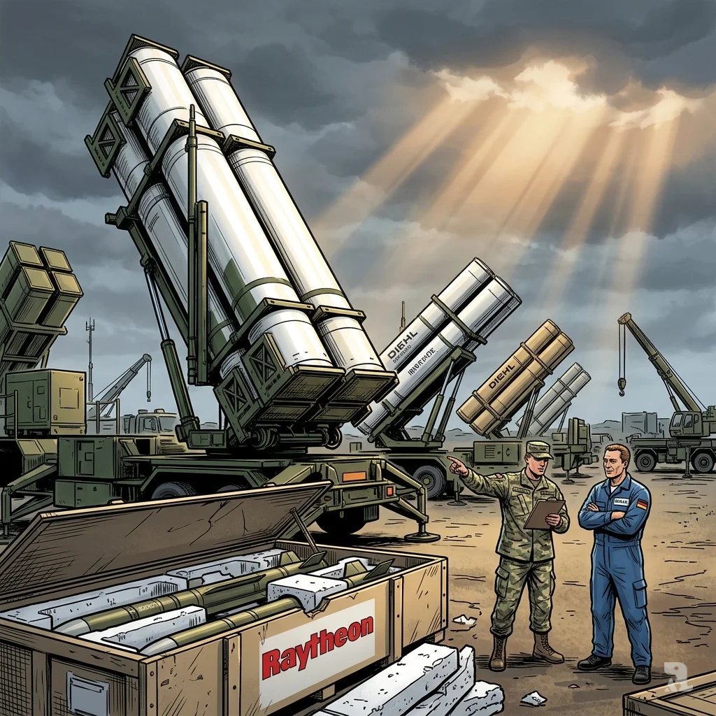 Patriot missile launchers and IRIS-T systems at a German depot display Raytheon and Diehl Defence logos.
