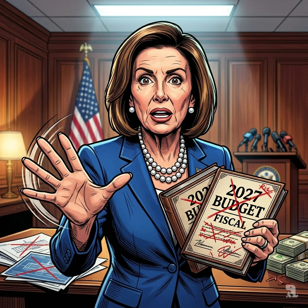 Nancy Pelosi waves dismissively, clutching papers with an incredulous expression in her congressional office.