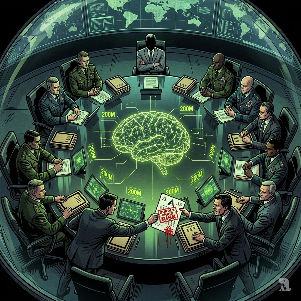 Overhead view of a Pentagon war room with officials examining a Google supply chain risk document, a neural network hologram, and glowing “$200M” tablets.