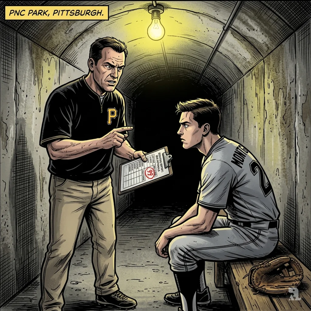 Pirates manager Don Kelly and pitcher Mason Montgomery review strategy in dugout tunnel. Scouting report notes 99 runs.
