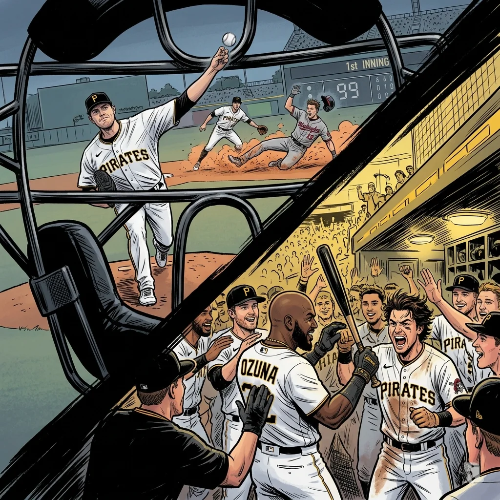 Pirates pitcher Mason Montgomery delivers early strike. Teammates celebrate scoring two runs in home dugout.