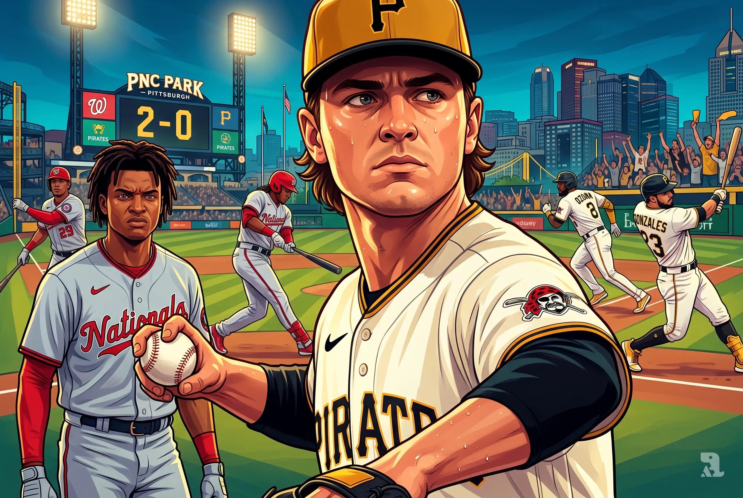 Carmen Mlodzinski dominates on mound as Nationals hitters CJ Abrams and James Wood struggle, Pirates celebrate early runs under bright stadium lights in Pittsburgh showdown.