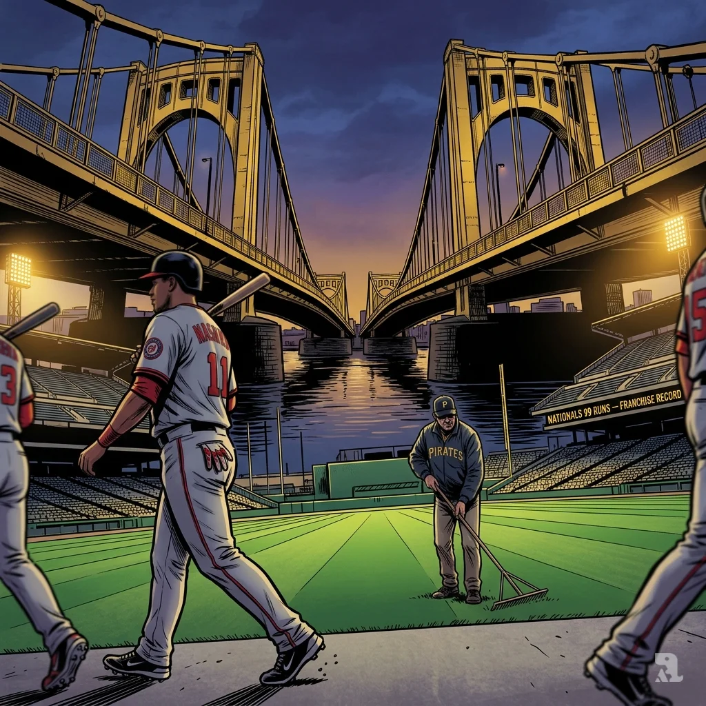 PNC Park at dusk with Clemente Bridge. Nationals players arrive as scoreboard shows 99-run franchise record.