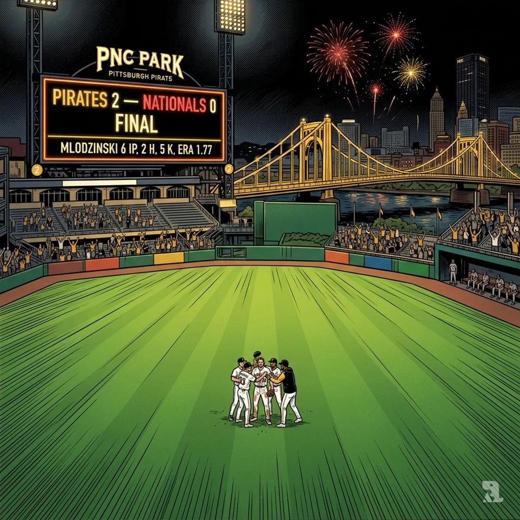 Pirates celebrate 2-0 shutout win over Nationals. Fireworks light up PNC Park and Clemente Bridge.